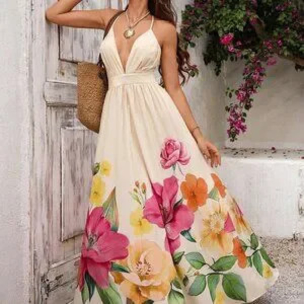 Multicolor Boho Vacay Women's Floral Print Deep V Neck Backless Maxi Dress - Picture 6 of 7
